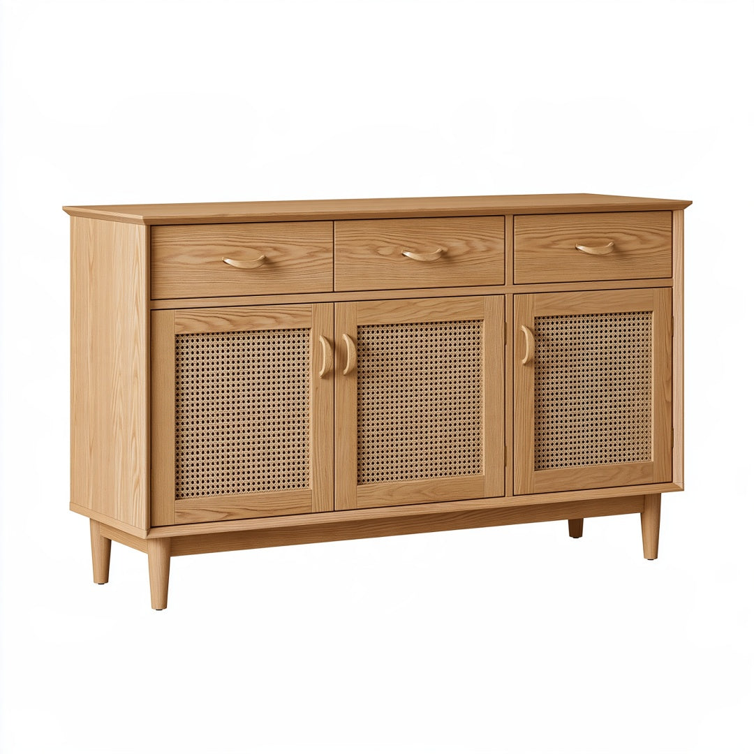 Credenza 160x40x90 cm in legno naturale con rattan intrecciato stile moderno