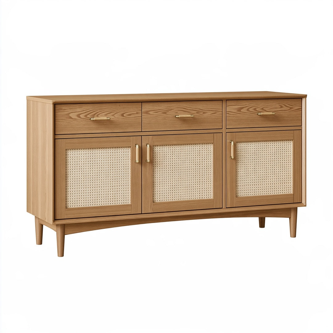 Credenza 150 cm in legno marrone con rattan per soggiorno stile retrò