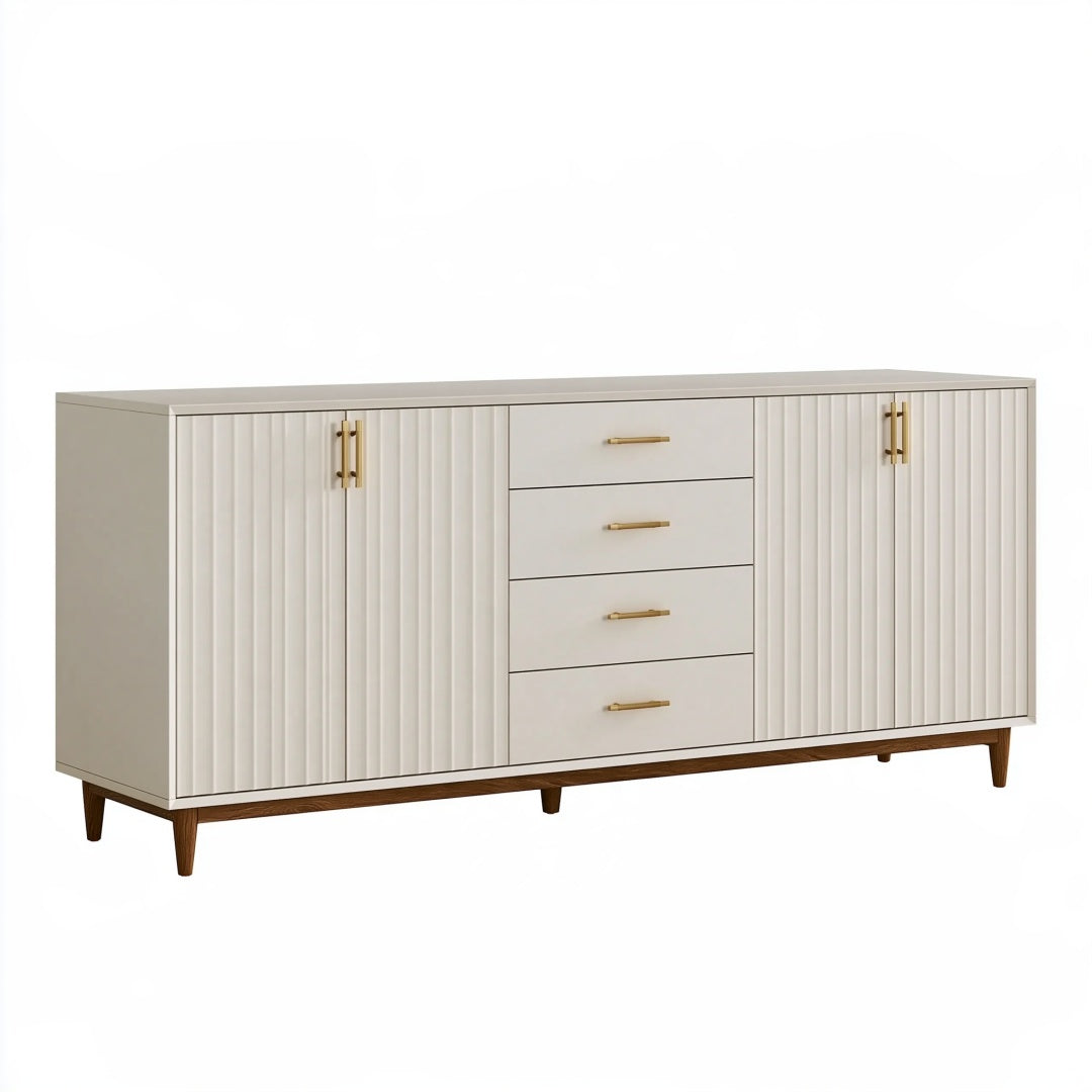 Credenza 180 cm in legno bianco con ante scanalate e cassetti stile moderno