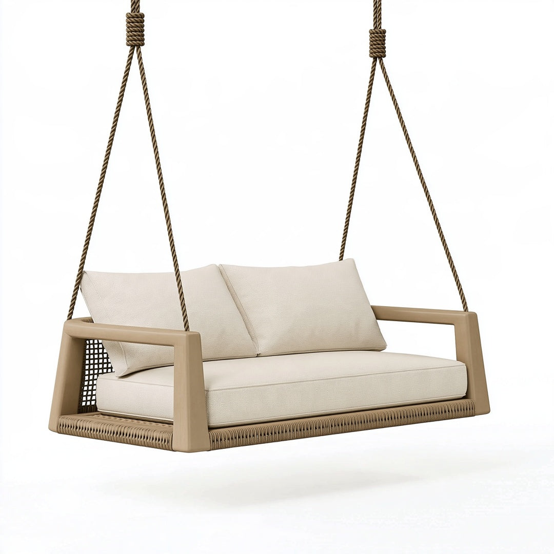 Dondolo sospeso 140 cm in corda beige e marrone per esterno - seduta a due posti