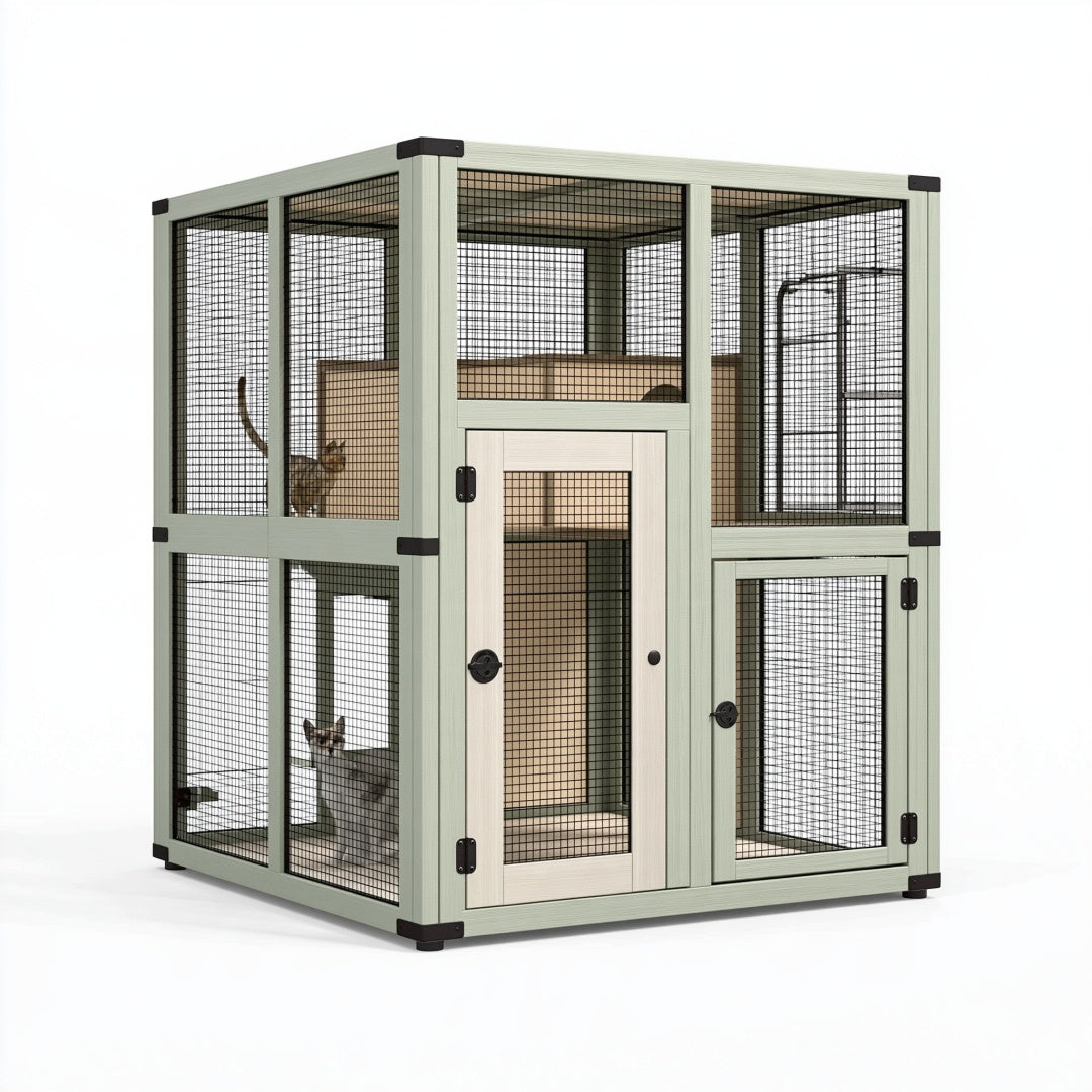 Gabbia per gatti 100 x 60 x 120 cm in legno verde salvia con rete metallica a più livelli da interno