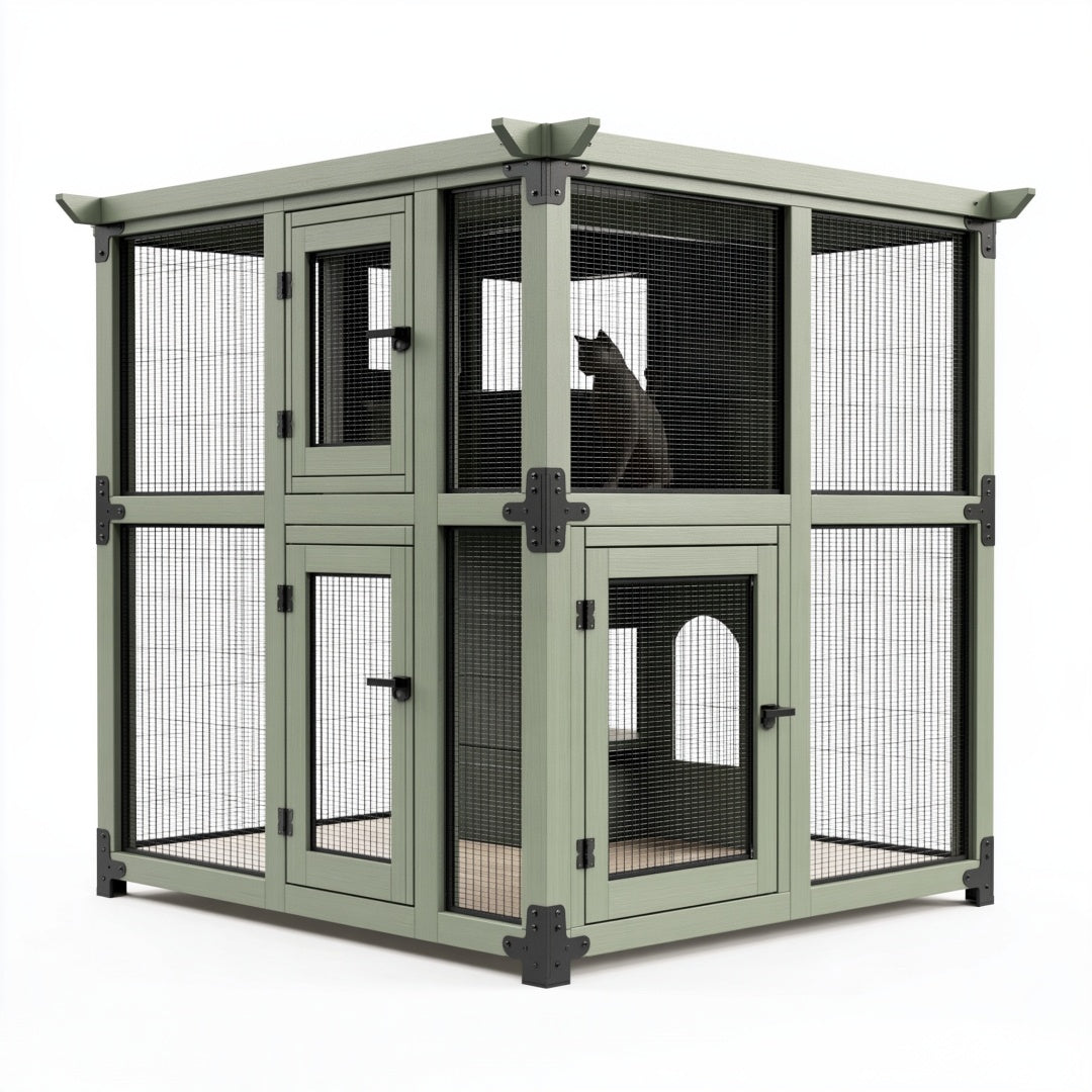 Recinto per gatti 120 x 80 x 180 cm in legno e rete metallica verde - struttura a due livelli con porte