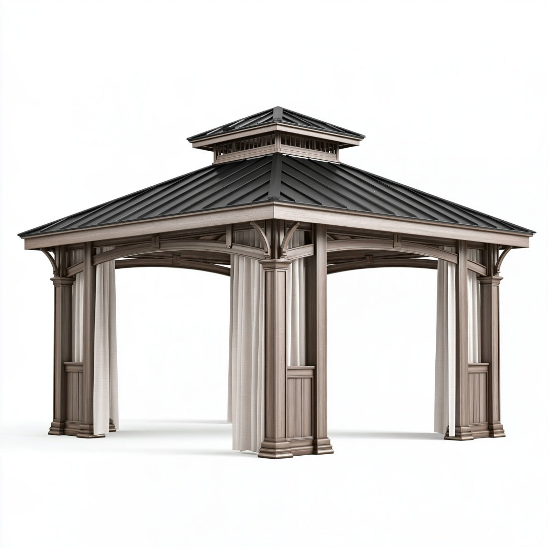 Gazebo 400x400x320 cm in metallo grigio antracite e tortora con tende - da giardino classico