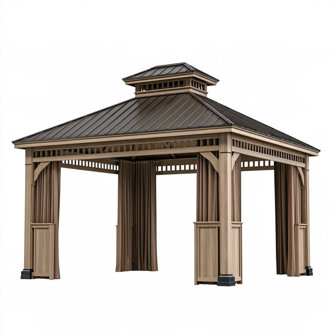 Gazebo da giardino 400 x 400 cm in legno e metallo marrone con tende laterali