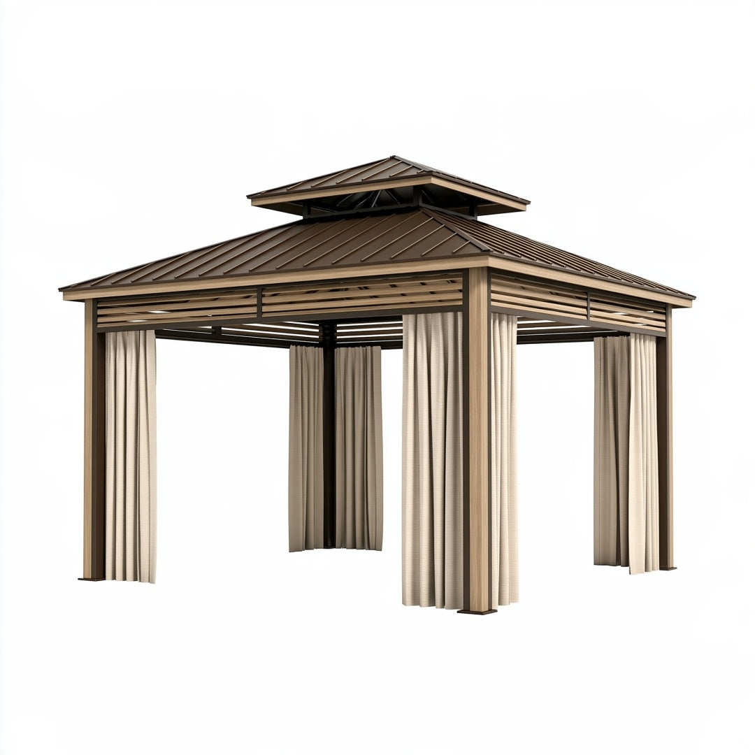 Gazebo da giardino 300 x 300 x 300 cm in metallo marrone con tende beige - copertura a doppio tetto