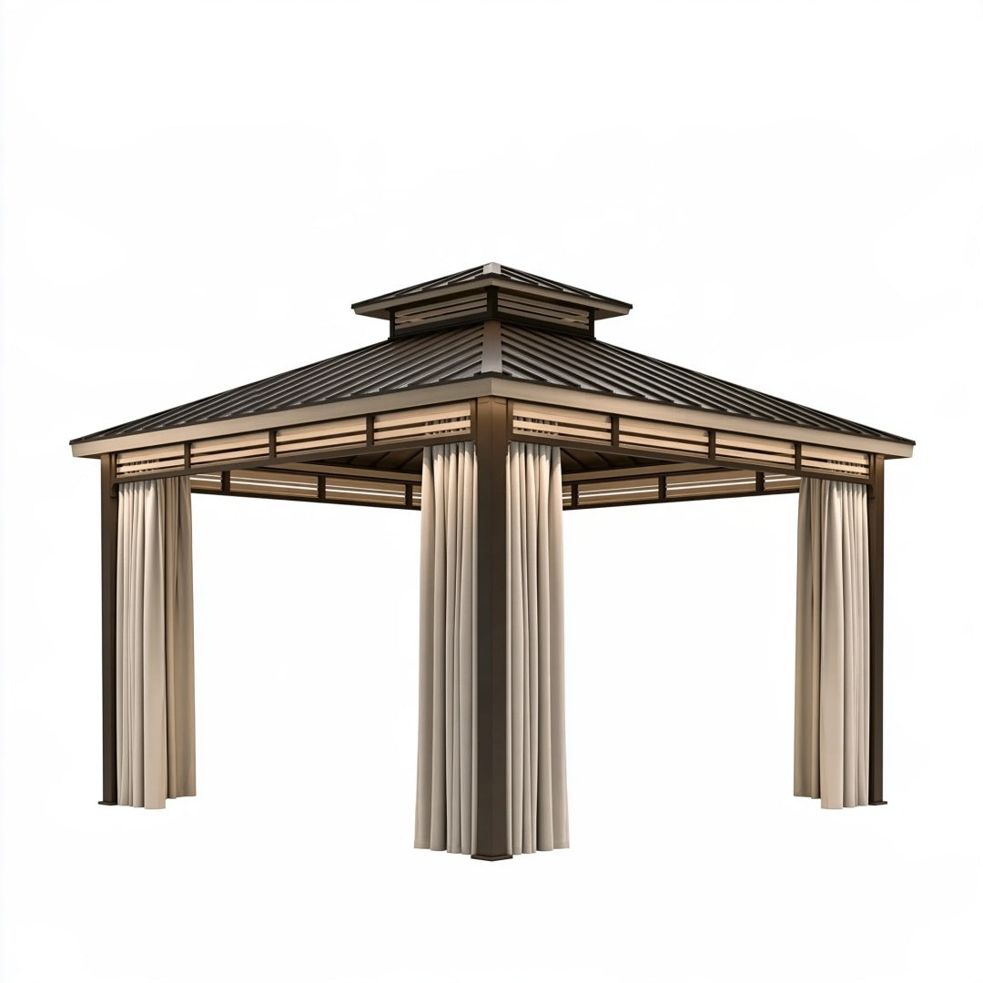 Gazebo da giardino 300 x 300 cm in metallo marrone con tende beige e tetto ventilato