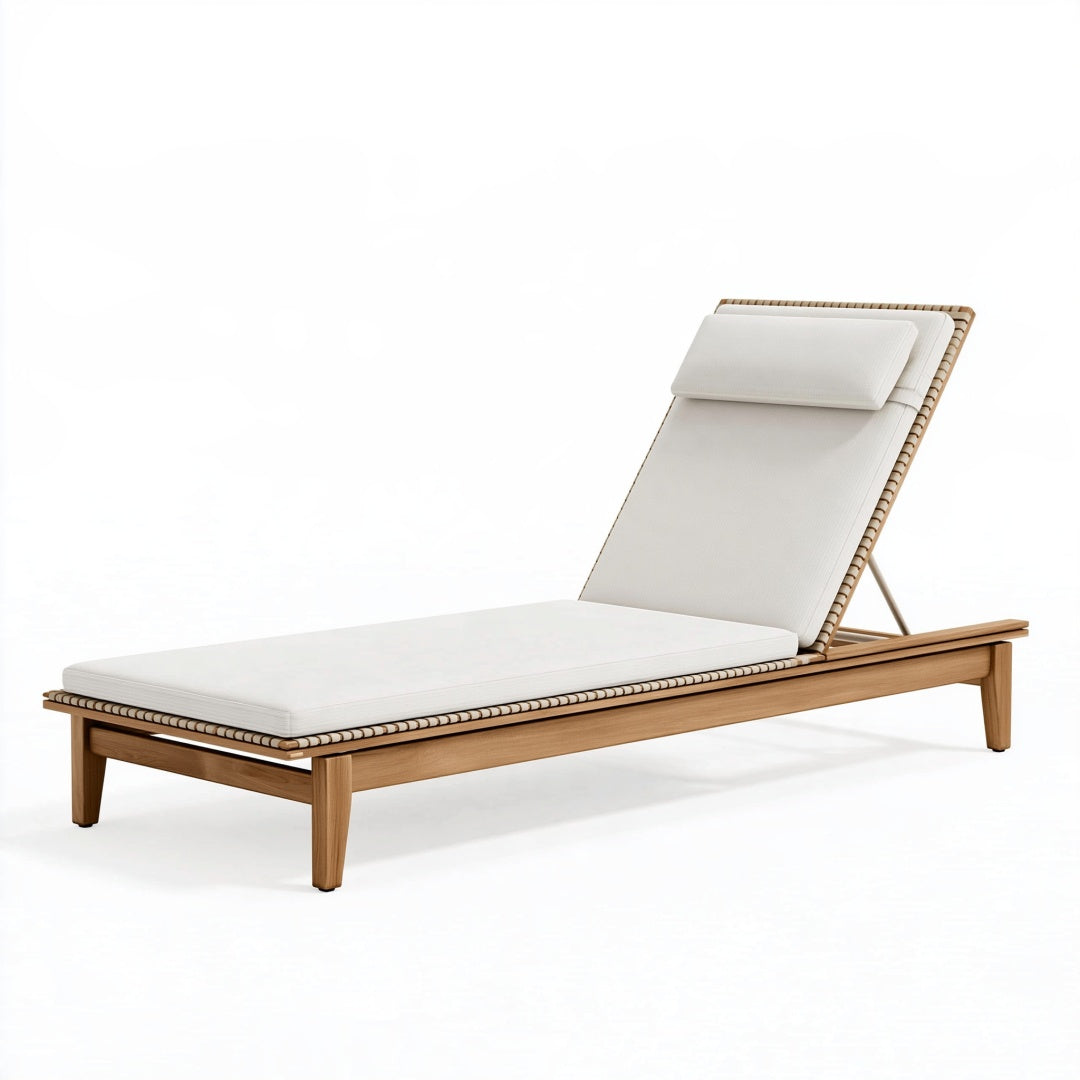 Lettino prendisole 200 x 75 cm in legno naturale e tessuto bianco - schienale reclinabile da esterno