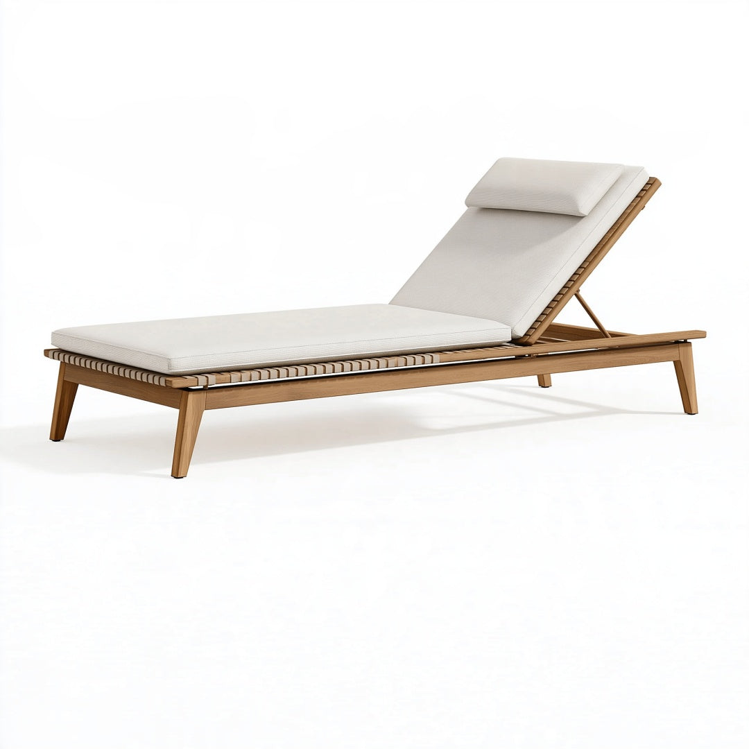 Lettino prendisole 200 x 70 cm in legno naturale e tessuto beige - schienale reclinabile da esterno