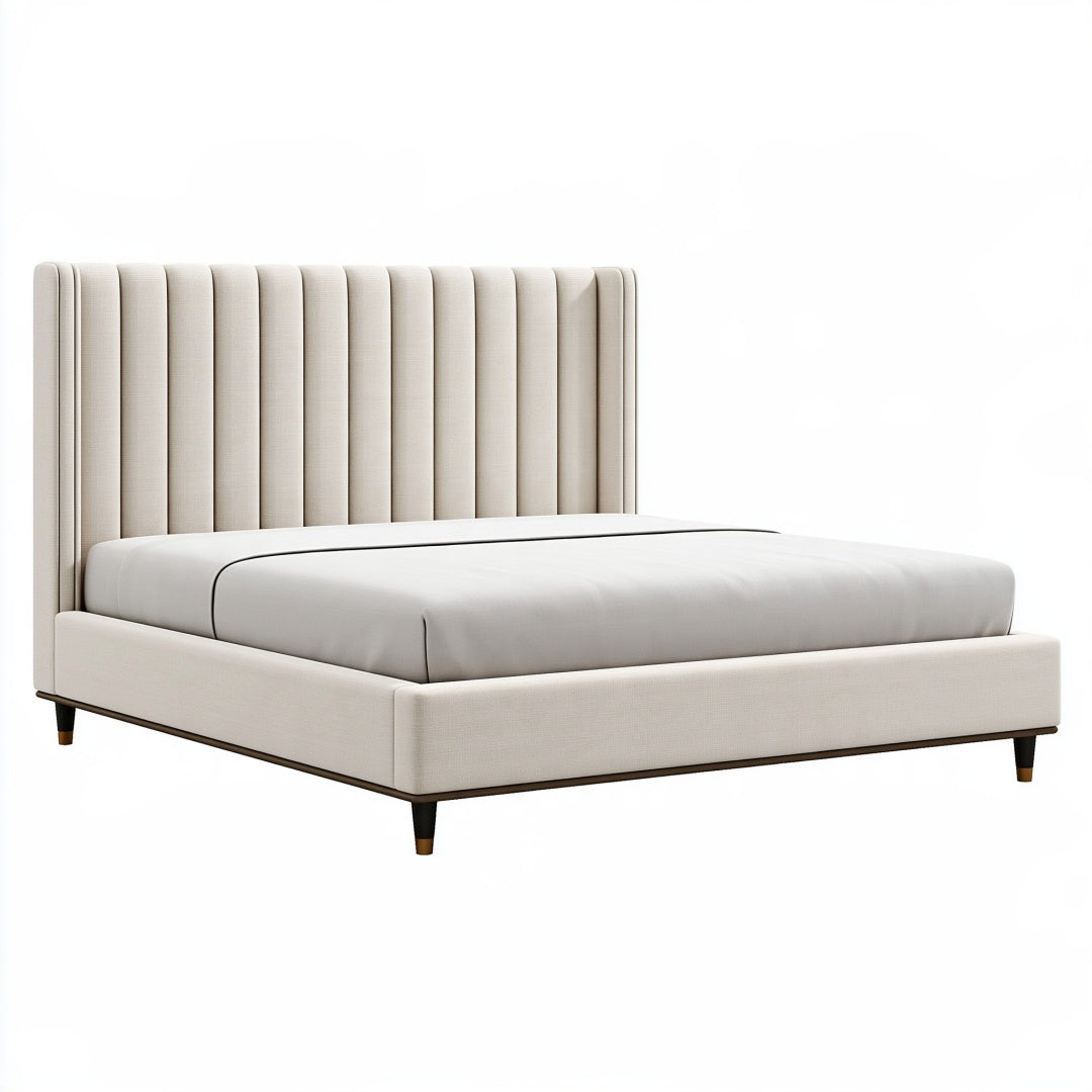 Letto matrimoniale 160 x 200 cm imbottito beige - testiera alta a pannelli verticali