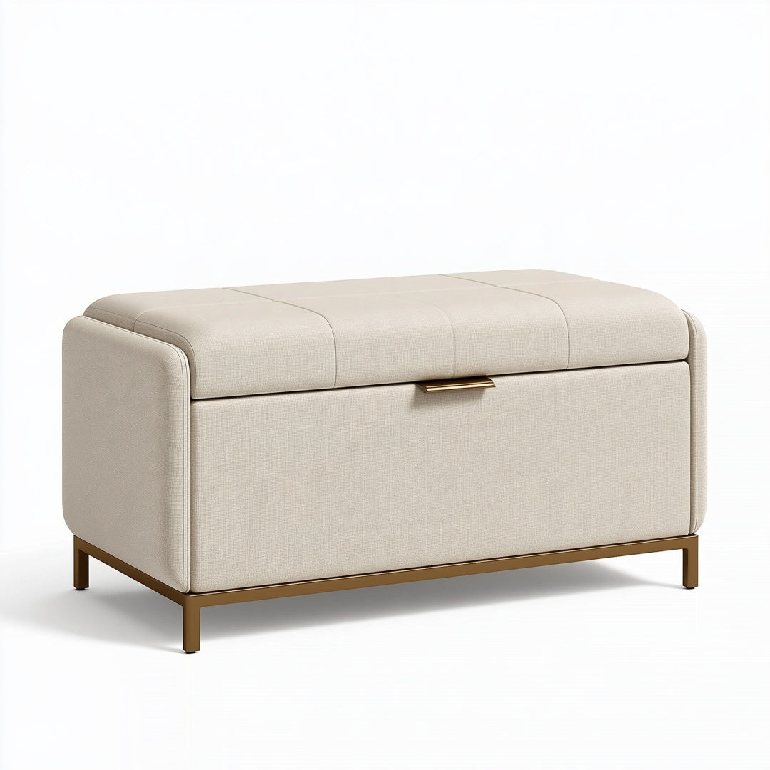 Panca contenitore 100 x 45 x 50 cm in tessuto beige con struttura in metallo dorato - stile moderno