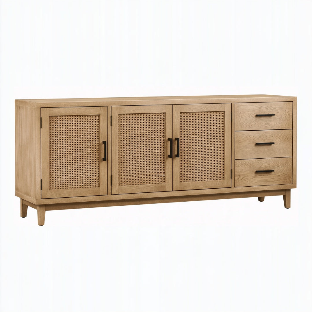 Credenza 180 x 45 x 85 cm in legno naturale con ante in rattan stile moderno