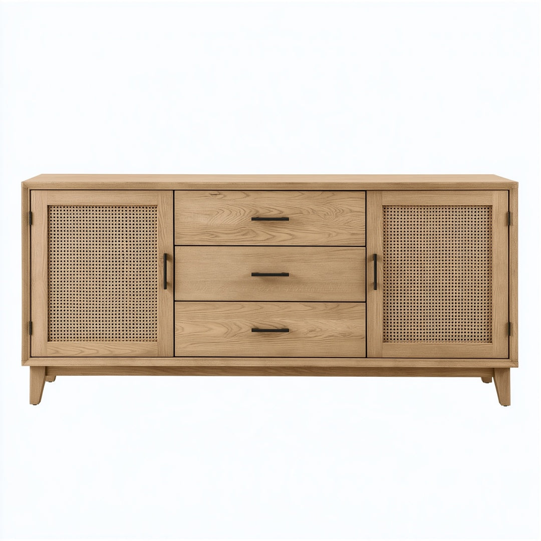 Credenza 180 cm in legno naturale e rattan con 3 cassetti stile bohémien