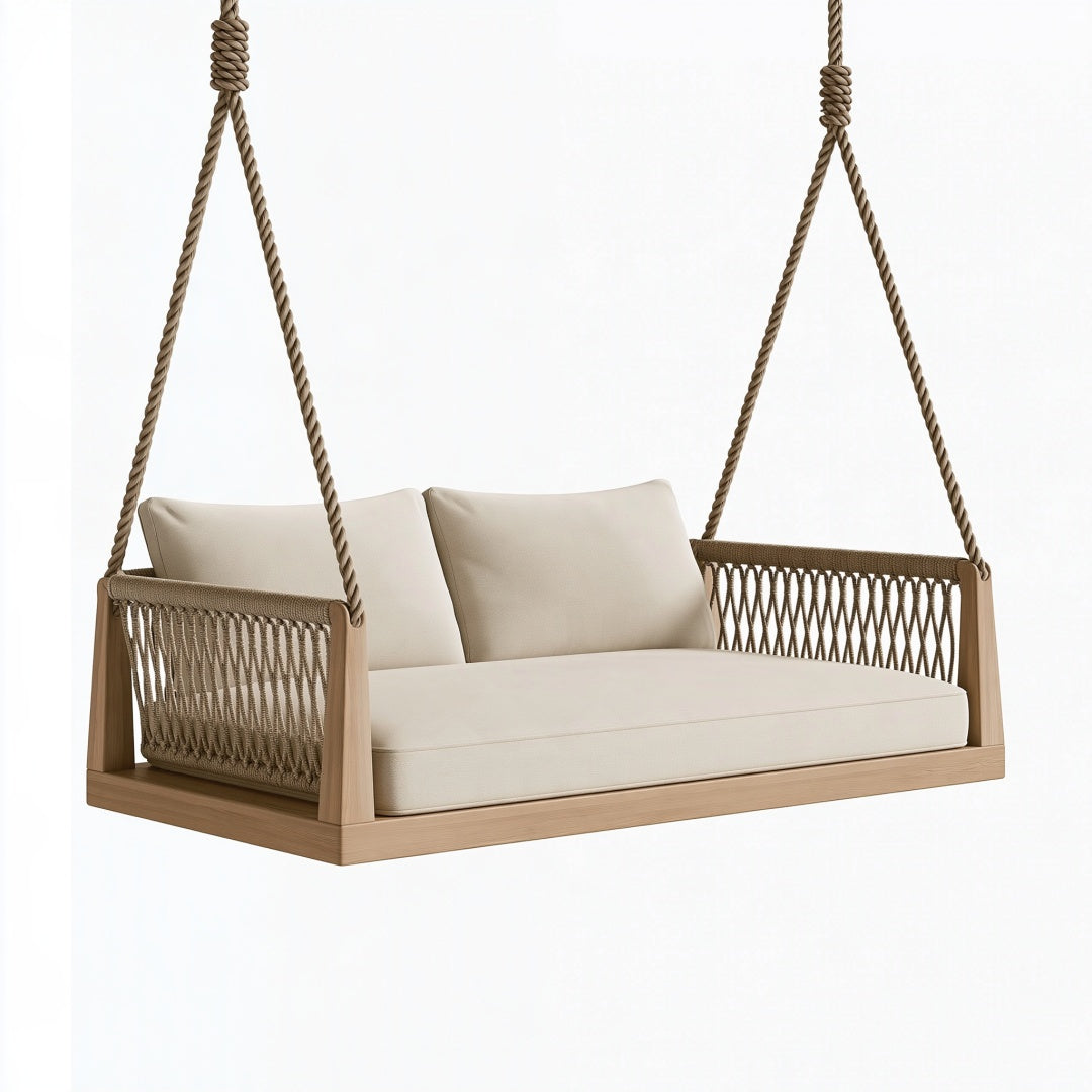 Divano altalena sospeso 140 x 80 x 65 cm in legno e corda beige stile naturale