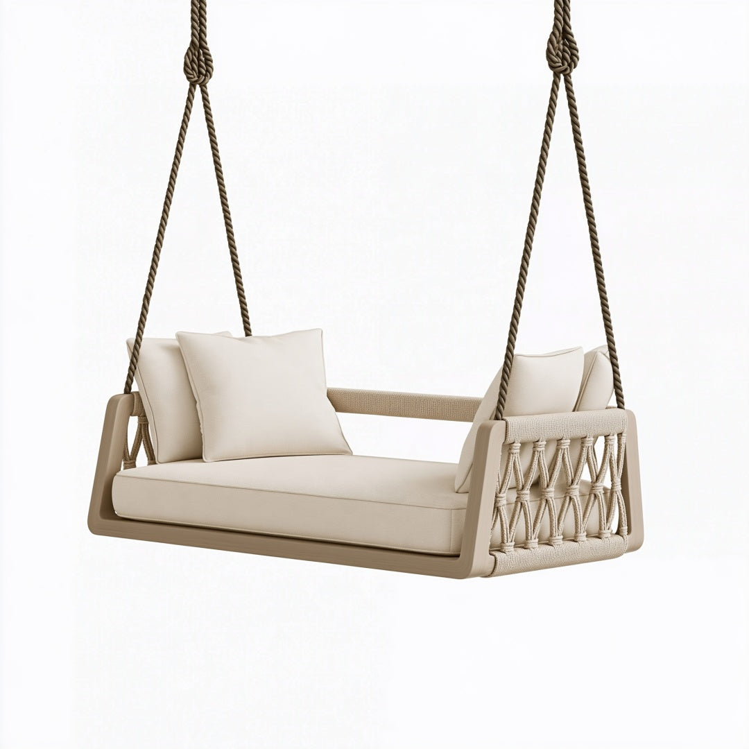 Divano sospeso 140 x 70 x 60 cm in legno e corda beige stile boho per interni