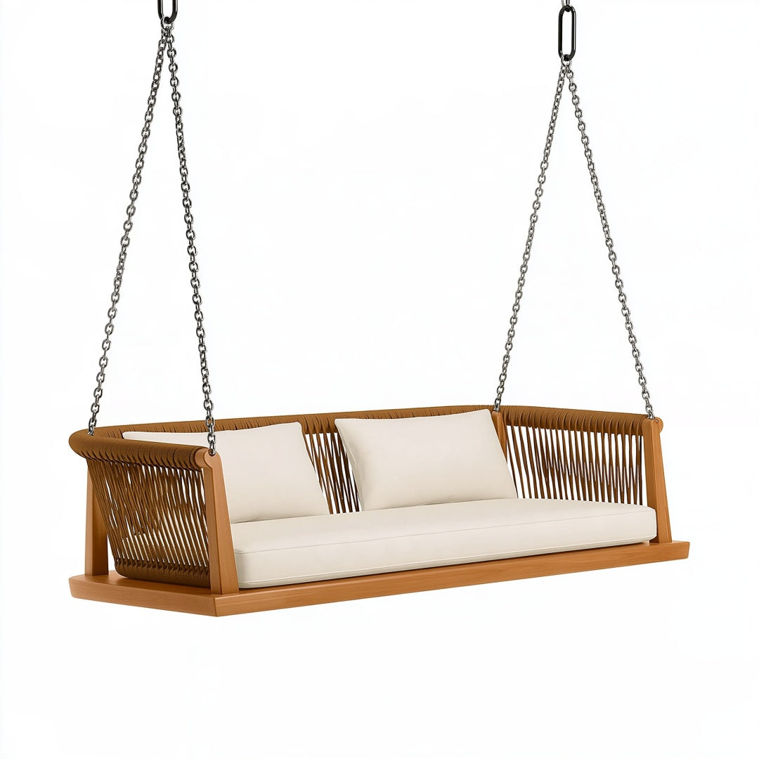 Dondolo da giardino 180 x 75 x 70 cm in legno marrone con corde intrecciate - sospeso a 2 posti