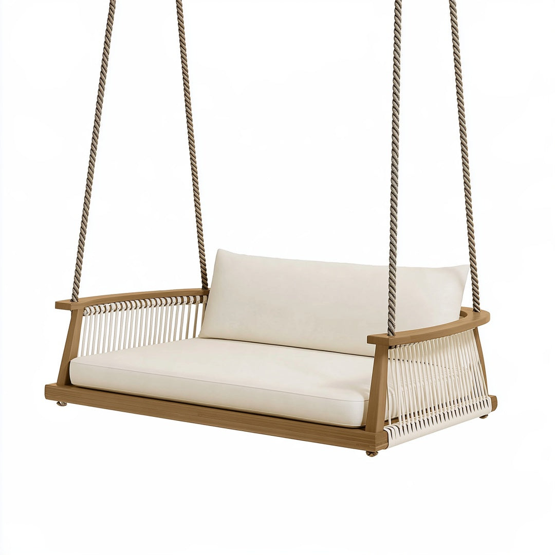 Dondolo sospeso da giardino 150 x 75 x 55 cm in legno e corda beige stile naturale