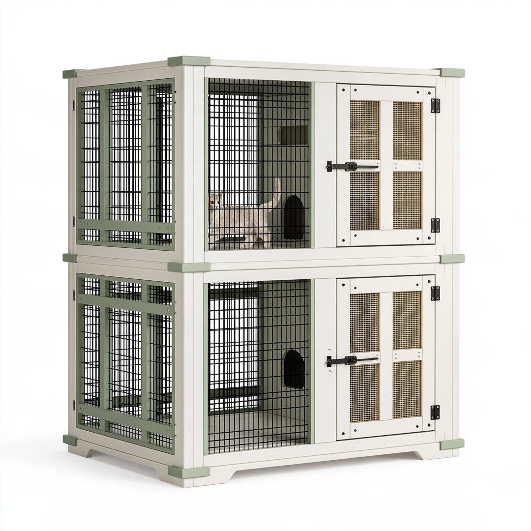 Gabbia per gatti a due livelli 120 x 65 x 130 cm in legno e rete metallica bianco verde