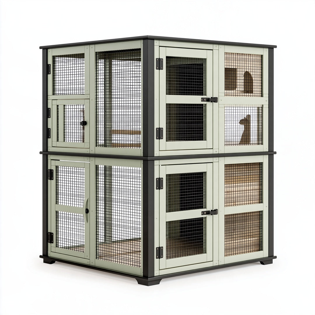 Recinto per gatti 120 x 60 x 140 cm in legno verde salvia con rete metallica a due livelli