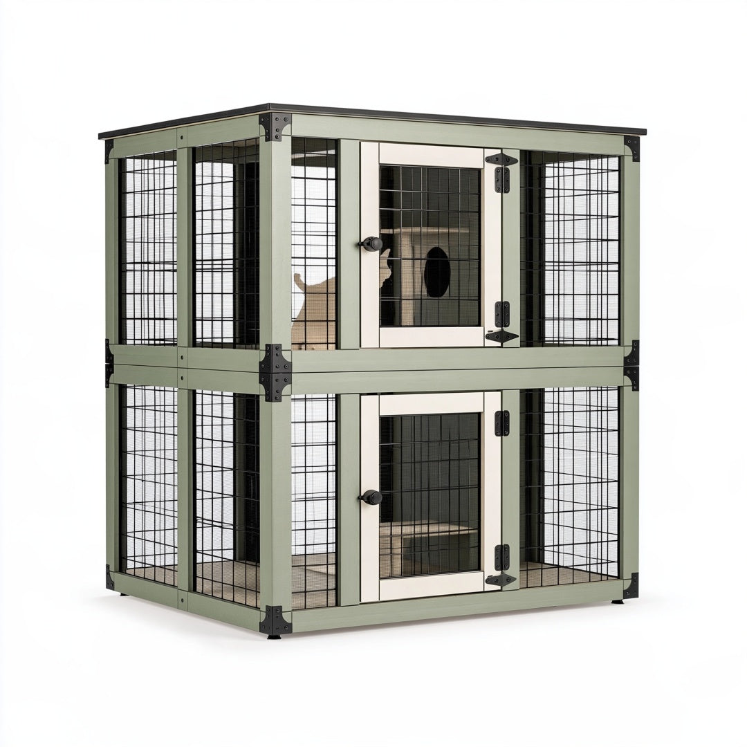Gabbia per gatti a due livelli 120 x 60 x 120 cm in legno verde con rete metallica
