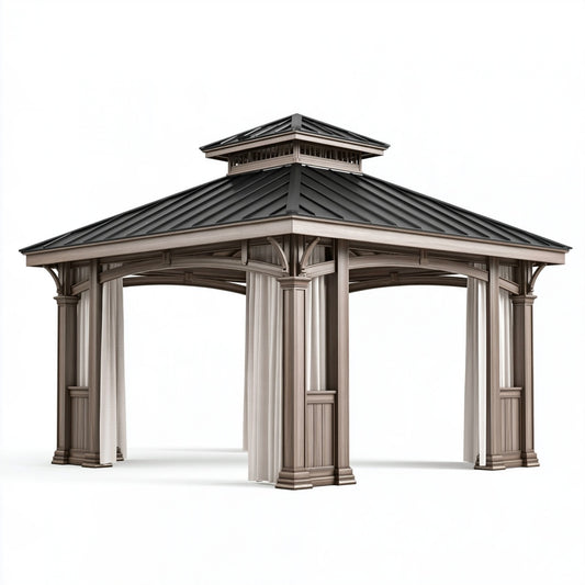 Gazebo 400x400x320 cm in metallo grigio antracite e tortora con tende - da giardino classico