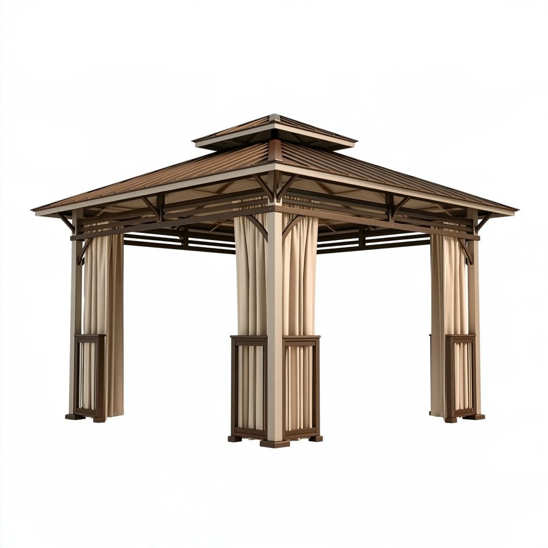 Gazebo da giardino 300 x 300 x 290 cm in metallo marrone con tende laterali e doppio tetto