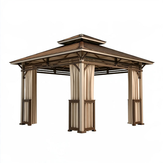 Gazebo da giardino 300 x 300 x 290 cm in metallo marrone con tende laterali e doppio tetto