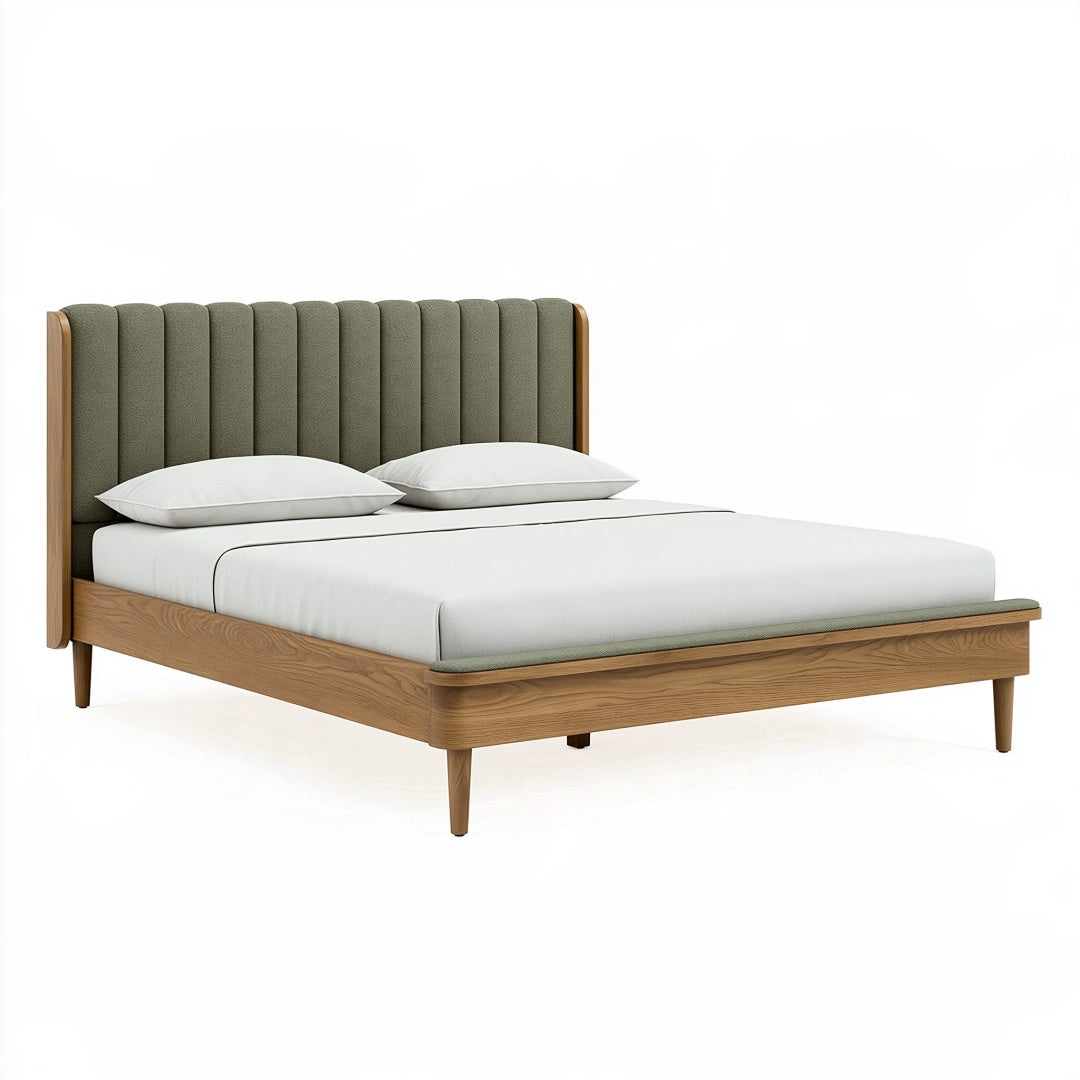 Letto matrimoniale 160 x 200 cm in legno marrone e tessuto verde con testiera imbottita