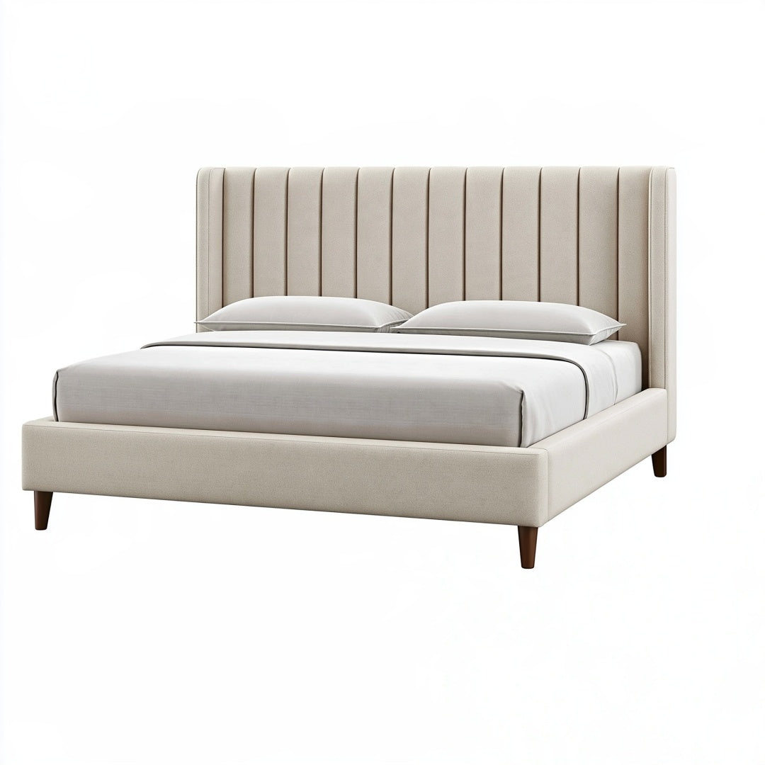 Letto matrimoniale 160 x 200 cm imbottito beige con testiera alta e gambe in legno
