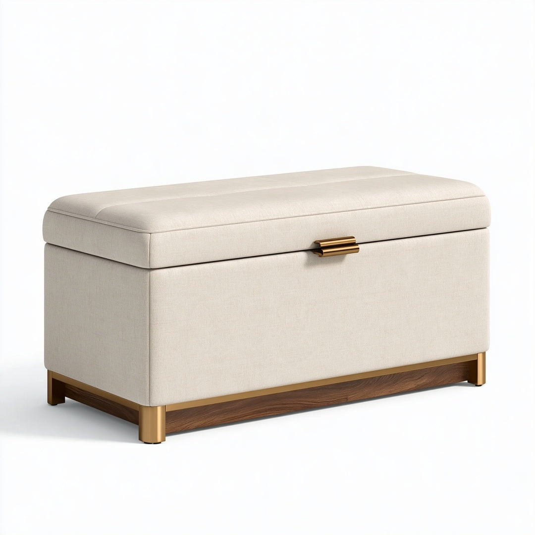 Panca contenitore 100 x 45 x 50 cm in tessuto beige con base in legno stile moderno
