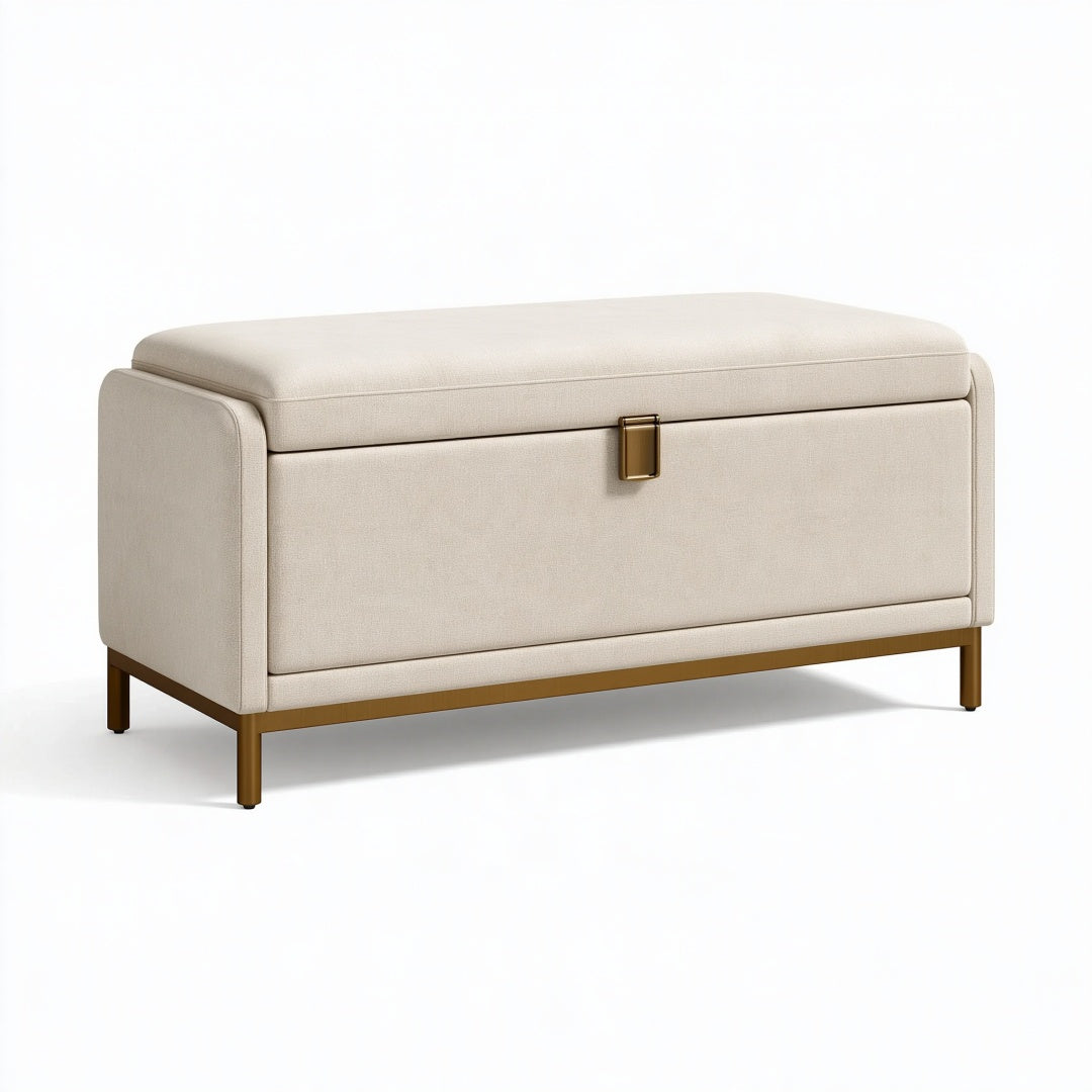 Panca contenitore 100 x 45 x 48 cm in tessuto beige con gambe in metallo dorato