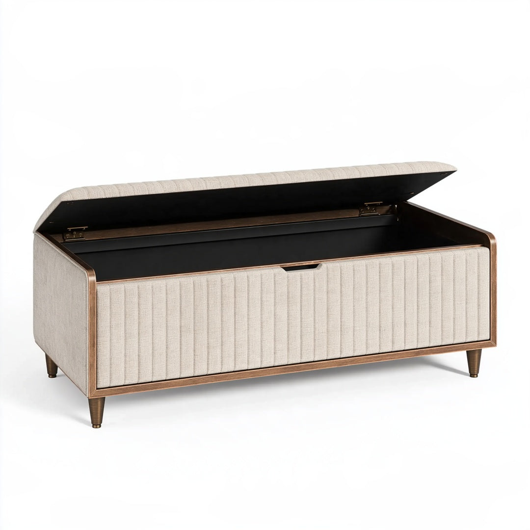 Panca contenitore 120 x 45 x 50 cm in tessuto beige e legno - imbottita con vano portaoggetti