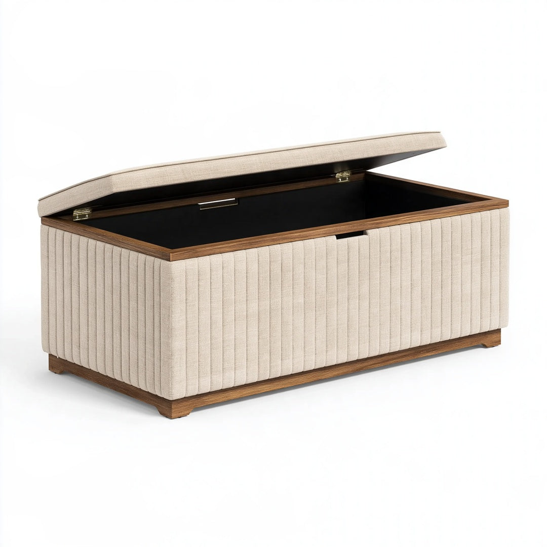 Panca contenitore 120 x 45 x 48 cm in tessuto beige e legno - imbottita con coperchio a cerniera