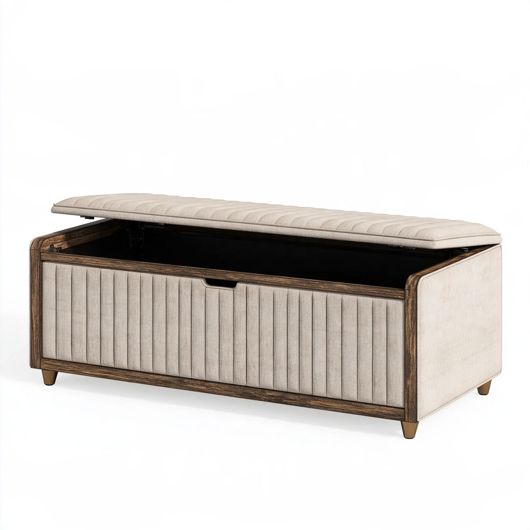 Panca contenitore 120 x 45 x 50 cm in legno e tessuto beige stile moderno con seduta imbottita