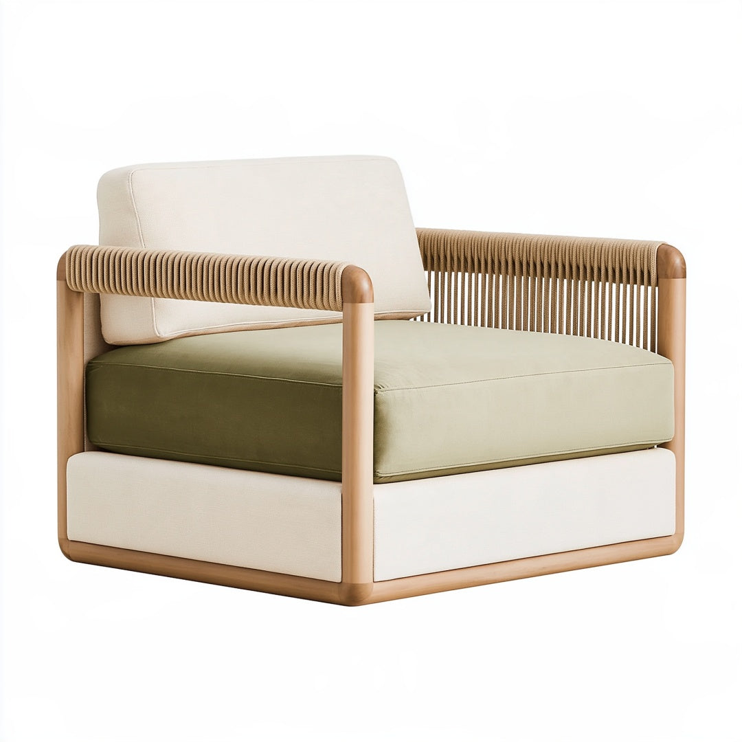 Poltrona 85 x 80 x 75 cm in legno e corda beige verde - imbottita stile contemporaneo