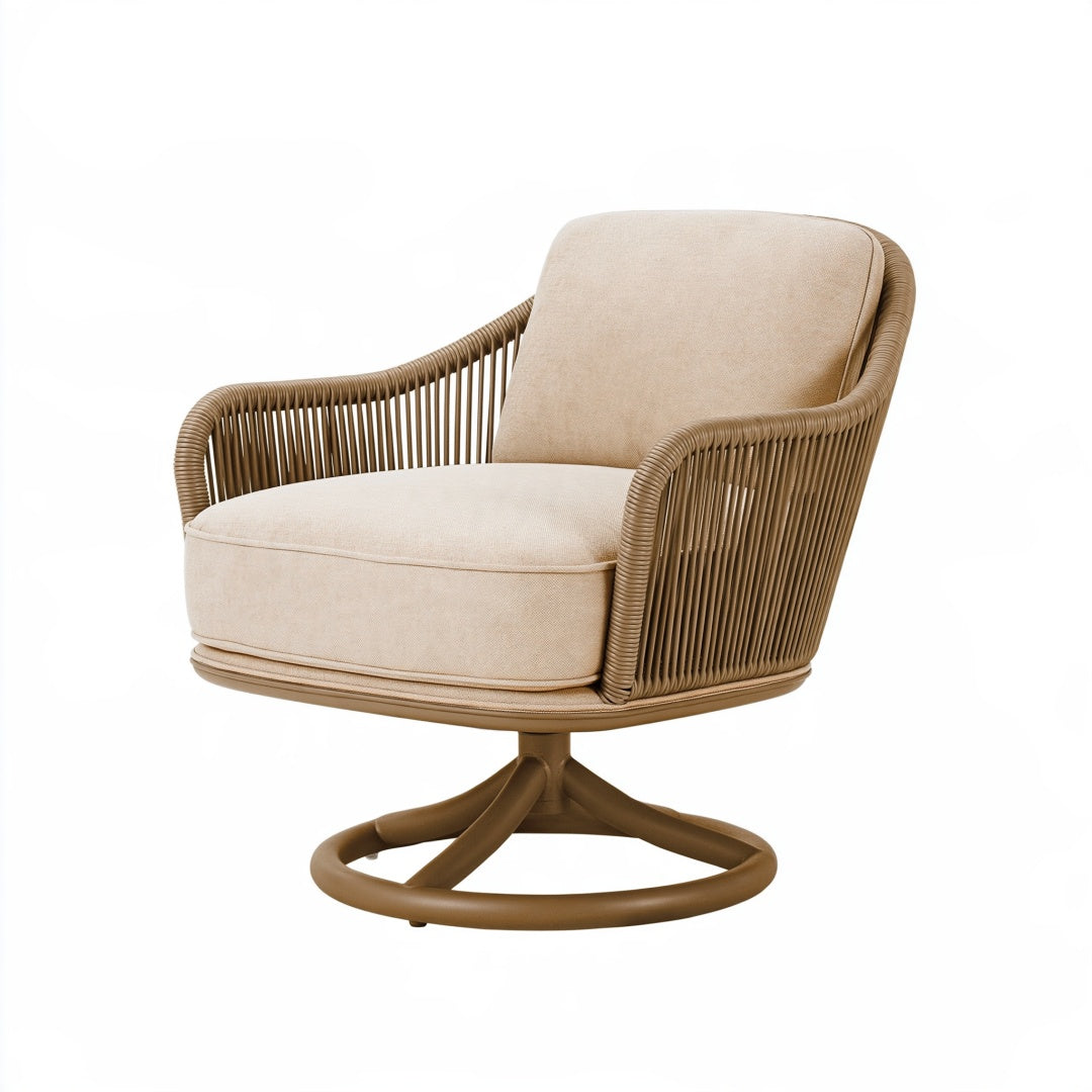 Poltrona girevole 82 x 86 x 90 cm in fibra intrecciata marrone con rivestimento beige - stile moderno per esterni
